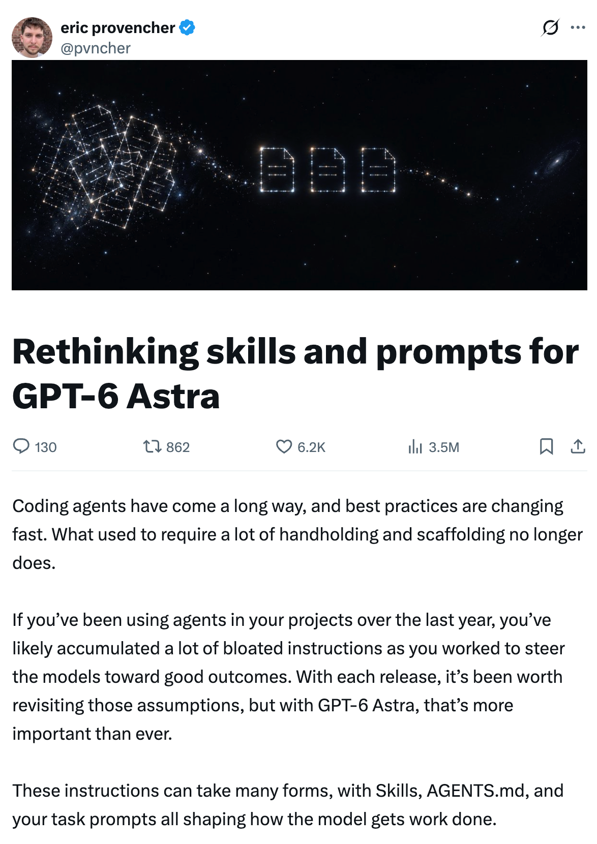 Eric Provencher 那篇《Rethinking skills and prompts for GPT-6 Astra》的帖子截图，350 万看