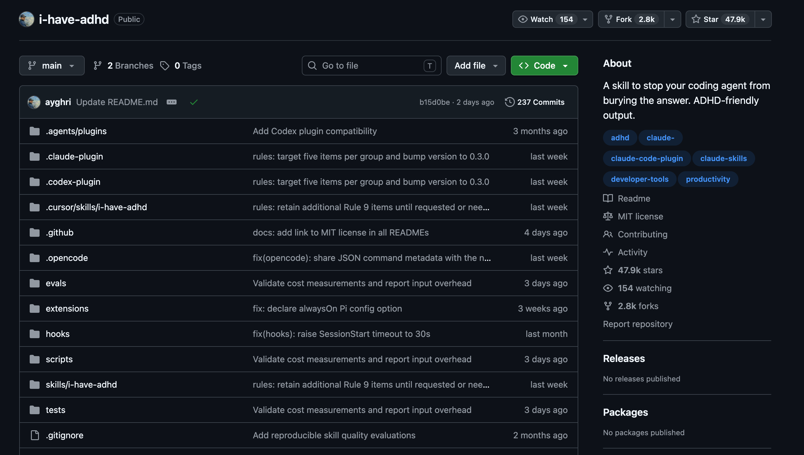 i-have-adhd 的 GitHub 仓库页，简介写着 A skill to stop your coding agent from burying the answer，右侧 47.9k stars