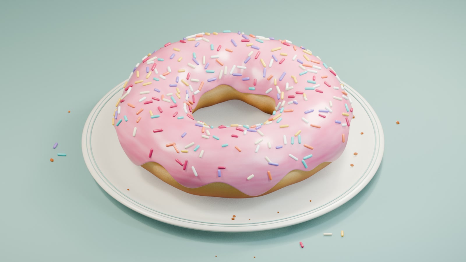 一个粉色糖霜甜甜圈摆在白盘子上，塑料味的 3D 渲染，Astra 用 Blender 做的第一版