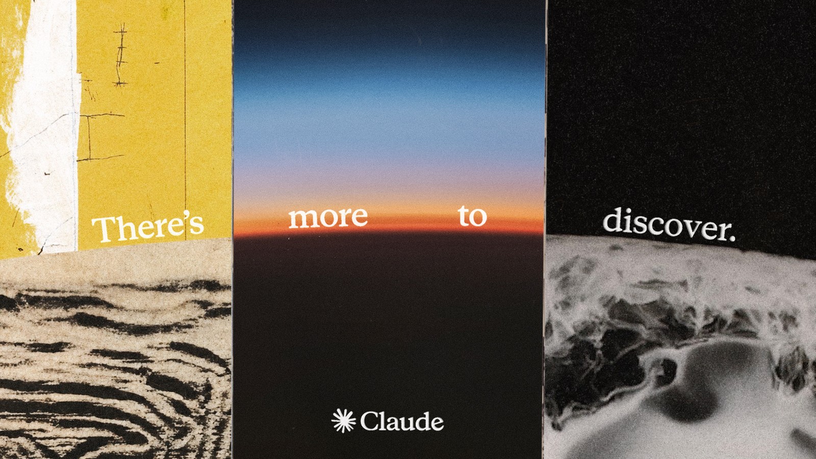 Opus 5.5 发布视频的一帧,三幅拼贴连成一句 There's more to discover.,中间是地平线上的日出和 Claude 标志