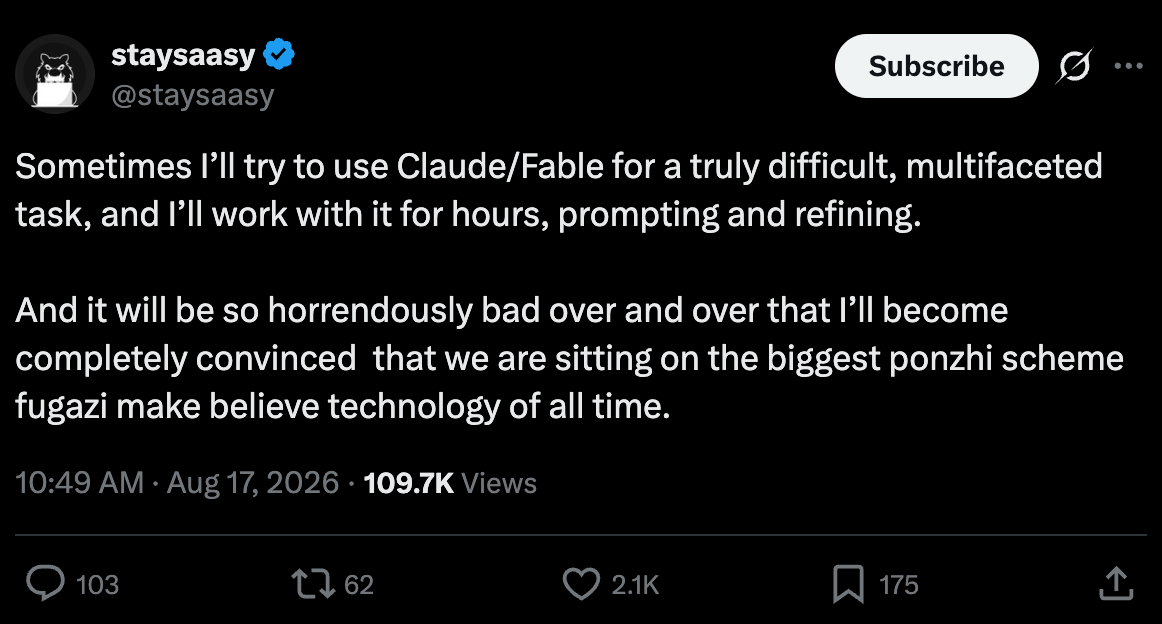 staysaasy 的帖子，拿 Claude 和 Fable 做难活，几个小时提示和打磨，烂到觉得是史上最大的庞氏骗局